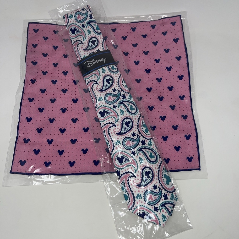 Mens Paisley 100% Silk Neck Tie & Pocket Square Mickey Head Disney NWT Cufflinks